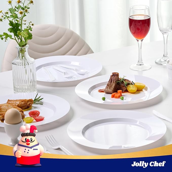JOLLY CHEF 100 Pieces White Plastic Plates-10 Inch Elegant Disposable Plastic Plate, Disposable White for Weddings,Parties,Christmas,Birthdays and Events