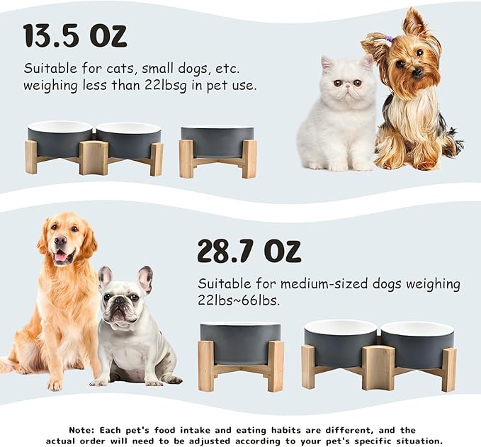 SPUNKYJUNKY 15° Slanted Ceramic Dog and Cat Bowl with Wooden Stand, Tilted Bulldog Food and Water Bowl No Slip Non-Spill for Cats Medium Dogs Big Face Pets 28.7 OZ (3.6 Cups, White-Grey)