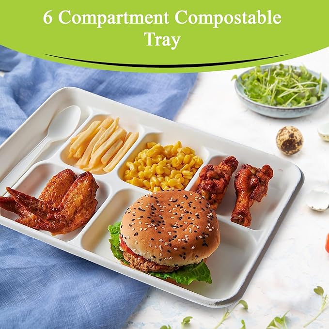 three leaf 6 COMPARTMENT BAGASSE TRAY 400 Ct. Heavy-Duty- Super Strong- Natural- Eco-Friendly Disposable Bagasse Plates, 100% Biodegradable 6 Compartment meal Plates