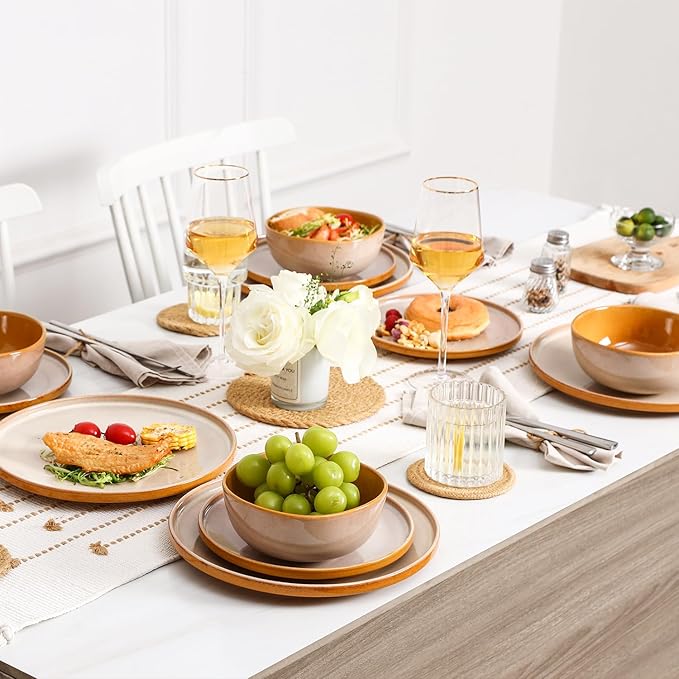 vicrays Ceramic Salad Plates Set - Porcelain 8 Inch Flat Dessert Appetizer Plate for Lunch Home Party Restaurant - Scratch Resistant Microwave Oven and Dishwasher Safe - Set of 6 (Beige)