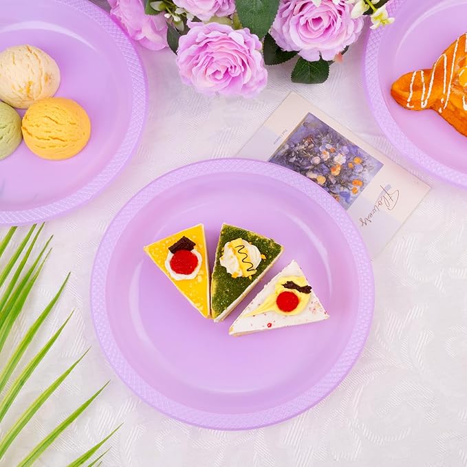 WELLIFE Lavender Party Plates 7 Inch -150 Count, Plastic Disposable Dessert Plates for Party Easter Mother's Day Wedding Cake Appetizers Salad