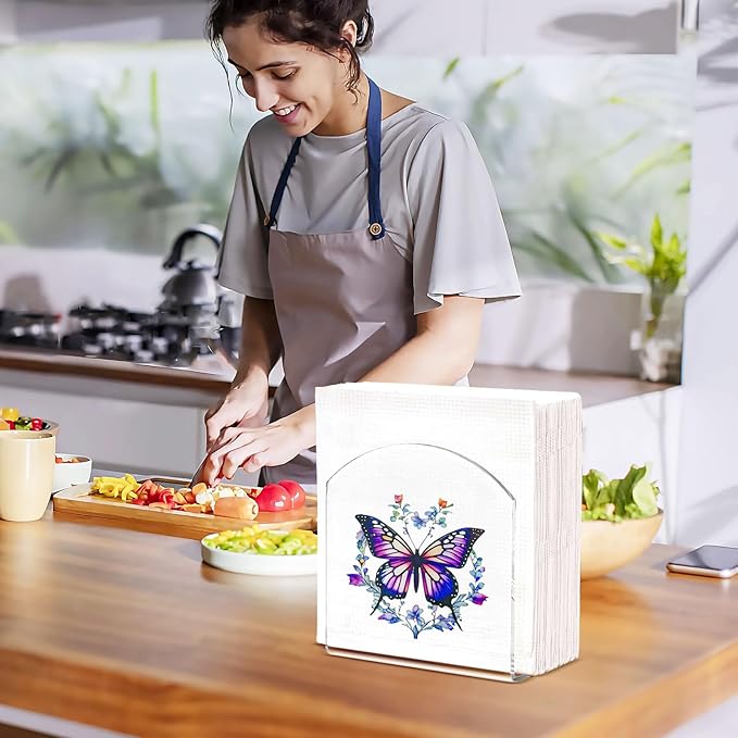 Butterfly Decor Napkin Holder for Table, 2 Pack 5"x5" Spring Paper Holder for Kitchen, Party, Dining Restaurant, Bar Summer Rustic Cocktail Paper Napkin Dispenser for Table Decoration Gift