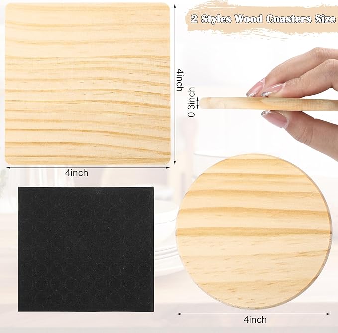 Hushee 72 Pcs Unfinished Wood Coasters 4 Inch Blank Wooden Coasters for Crafts with Non Slip Foam Pad Stickers Wooden Craft Tabletop Protection for Christmas DIY Painting Engraving Home Decoration