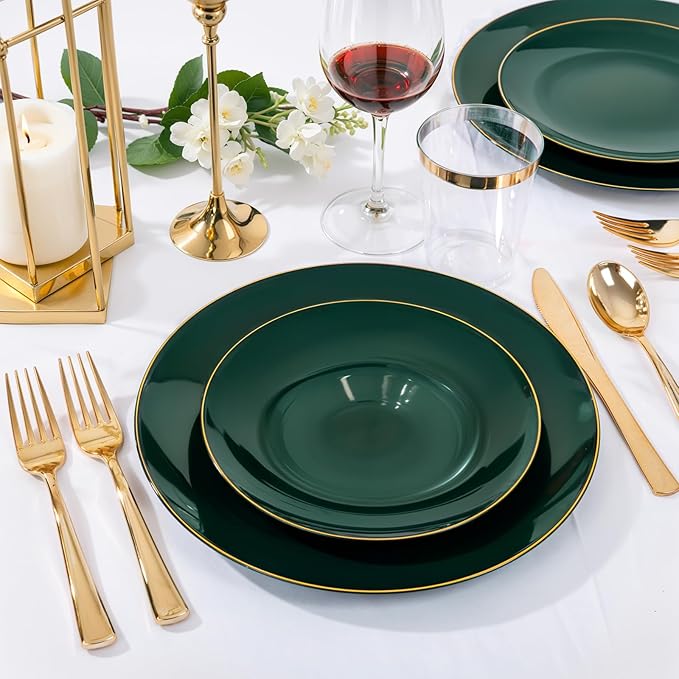 Nervure 100Pcs Green and Gold Plastic Plates - 10.25inch Disposable Green Dinner Plates - Heavy Duty Plastic Plate Ideal for Wedding & Party