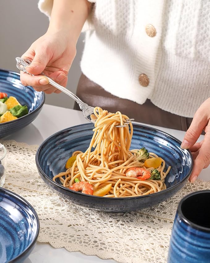 Ceramic Pasta Bowls, 8.7" Large Salad Bowls Set of 4, 32 oz Wide and Shallow Bowls, Farmhouse Bowl Plates for Kitchen, Gift for Housewarming Wedding, Microwave & Dishwasher Safe, Blue