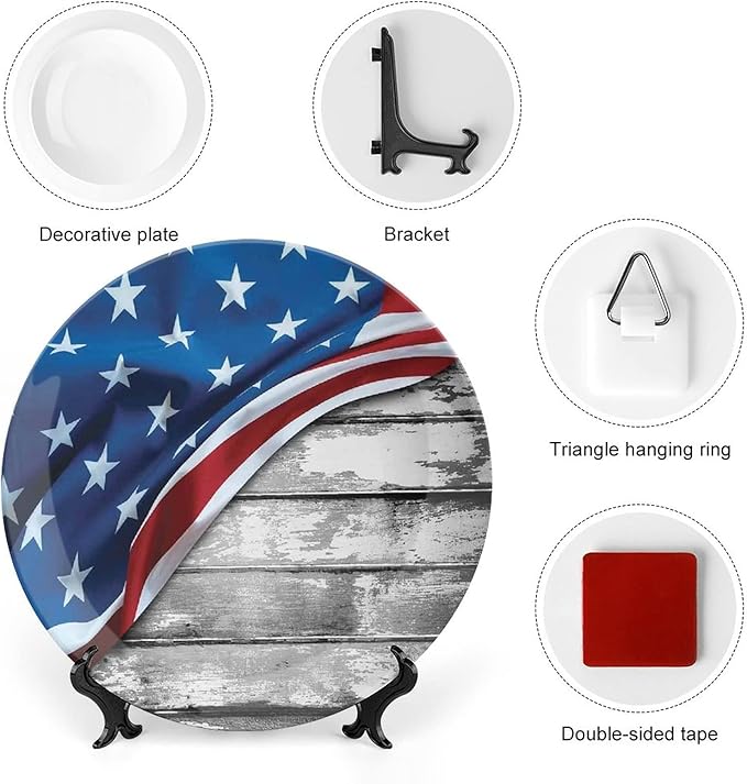 Ceramic Plates, American Flag Decor Decorative Ceramic Plates, Flag Over Antique Rustic Rippled Board, 8 Inch, for Dining, Parties, Wedding, Grey Navy