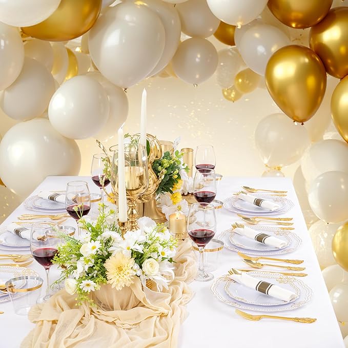 Ciaell 350 PCS Gold Plastic Plates - White and Gold Plates - Gold Disposable Plates Include 50 Disposable Plate, 150 Heavy Duty Silverware, 50 Cups, 50 Napkins for Wedding & Party