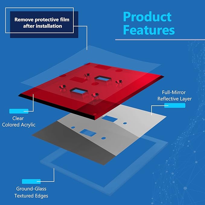LIDER Double Toggle Switch Acrylic Wall Plate, Mirrored Dual Light Switch Plate, Plexiglass Switch Cover, Reflective Finish, Modern Decoration Upgrade, Oversized 2-Gang 5.25" x 5.25", Red
