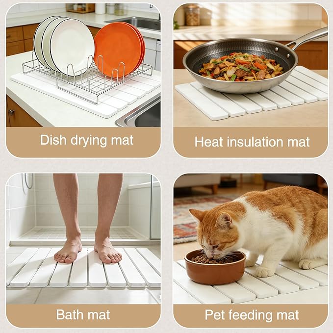 Large Stone Drying Mat for Kitchen Counter, Collapsible Dish Drying Mat Quick Drying Super Absorbent Diatomaceous Earth Mat, Drain Pad for Dishes Bottles Cups Match Any Countertop 24" x 16"