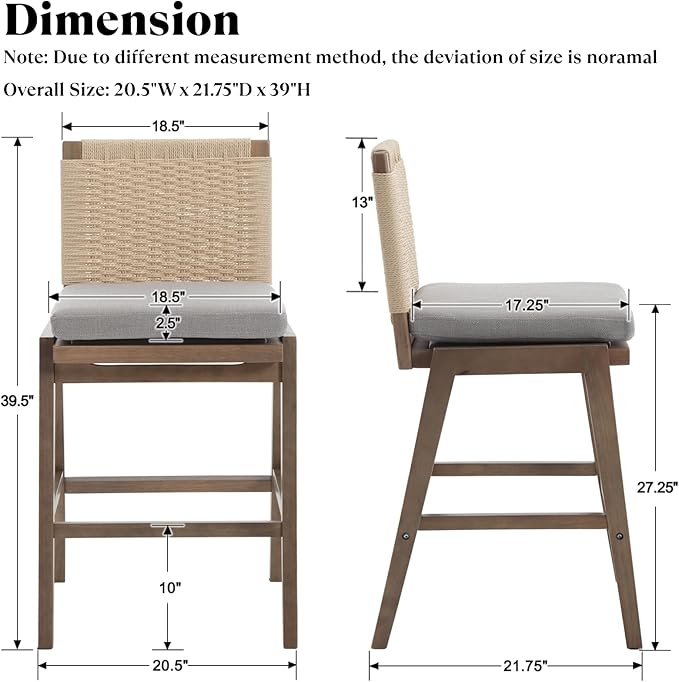 Mid Century Modern Counter Height Barstools Set of 6, 27” Linen Upholstered Counter Stools with Rope Woven Back Wooden Farmhouse Bar Stools for Kitchen Island Dining Room,Grey