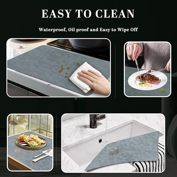 BLESWIN Faux Leather Placemats, PU Dining Table, Waterproof and Oil Resistant Easy to Clean, Heat Resistant Reversible Use Table Mats for Kitchen, Dining Table, Outdoor – 12 × 17 Inch, Grey&Dark Grey