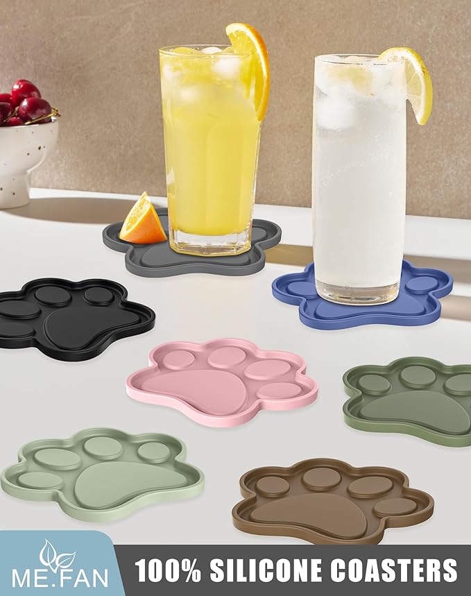 ME.FAN Silicone Coasters 6 Pack Paw Cup Mat with Holder, Dog Cat Paw Shape, for Hot or Cold Drink, Non-Slip, Non-Stick, Room Decor, Housewarming Black