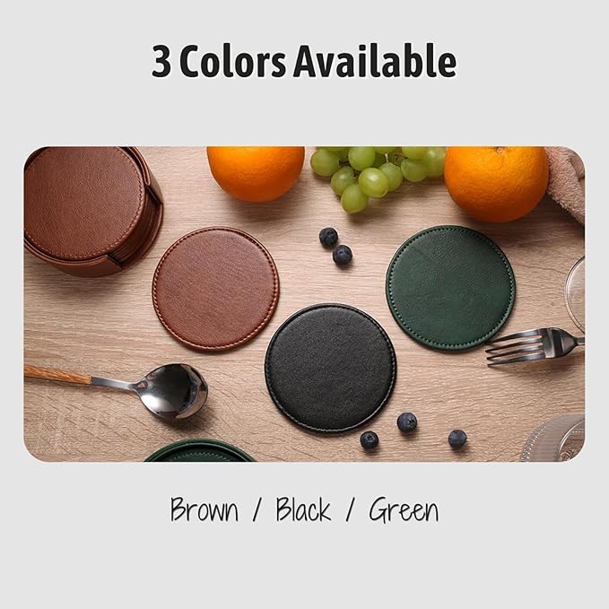 Drink Coasters with Holder, 4" Leather Coasters for Drinks Set of 6 for Tabletop Protection, Elegant Home Decor & Handmade Housewarming Gift - Black
