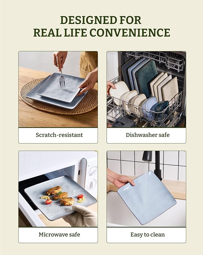 Famiware Ocean Square Plates and Bowls Set, 18 Pieces Dinnerware Sets, Dishes Set for 6, Reactive Glaze, Microwave and Dishwasher Safe, Scratch Resistant, Grey