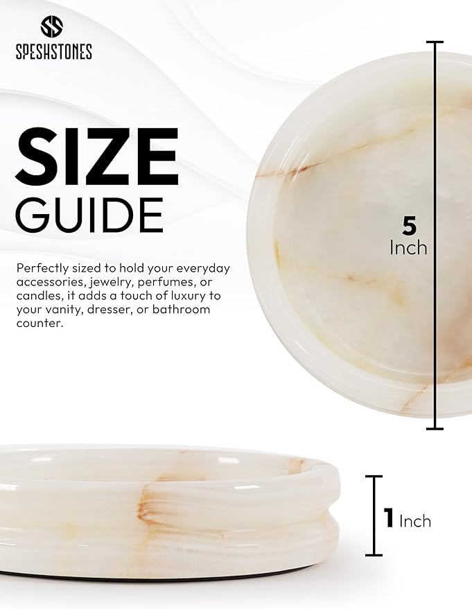 Marble Jewelry Dish for Women 5 Inch Handmade White Onyx Stone Holder for Ring & Necklace - Decorative Trinket Tray, Key Bowl & Candle Plate for Vanity Decor Accessories & Gifts