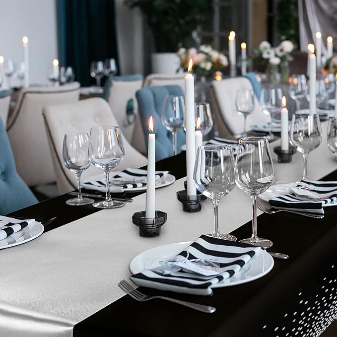 Breling 8 Pack Black and Silver Disposable Plastic Tablecloths and Satin Table Runner Set, 54 x 108 Inch Tablecloth, 12 x 108 Inch Table Runners for Wedding Graduation Birthday Baby Shower New Year