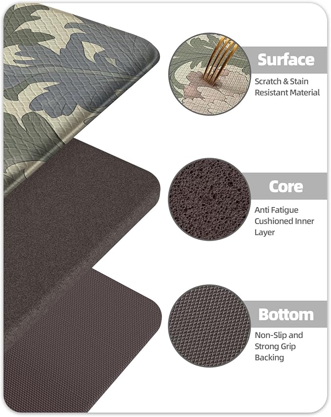 Color&Geometry Floral Kitchen Mat 24"x87", Anti Fatigue Kitchen Mats for Floor, Kitchen Rugs Non Slip, Waterproof & Oil Proof Padded Runner for Standing Desk Office, Sink - Floral Beige