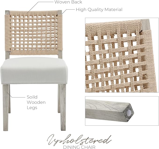 Farmhouse Dining Chairs Set of 6 Linen Fabric Upholstered Accent Side Chair, Mid Century Modern Kitchen & Dining Room Chairs with Woven Rope Back for Home, Living Room, Bedroom - White