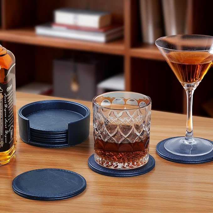 6 Pcs Premium Leather Coasters with Holder, Tabletop Protection, Coffee Table & Bar Decoration, Modern-Style Drink Coasters Suitable for Home Dining Tables & Kitchen Accessories (Blue)