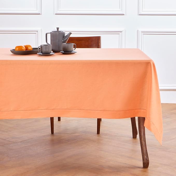 Solino Home Linen Tablecloth 60 x 132 Inch - Classic Hemstitch 100% Pure Linen Coral Table Cloth for Rectangle Tables - Machine Washable Tablecloth for Valentines, Spring, Easter