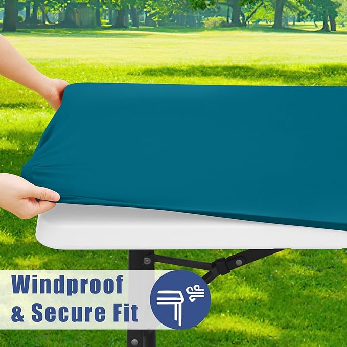 Spandex 4 Foot Rectangle Table Cloth 2 Pack, Elastic Fitted Tablecloths for Picnic, Stretch Washable Patio Table Cover for Outdoor, Camping, Banquet and Parties (Peacock Blue, 30"x48")