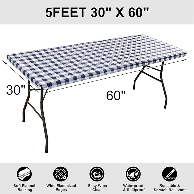Smiry Rectangle Picnic Table Cloth, Elastic Waterproof Fitted Vinyl Tablecloths, Flannel Backed Buffalo Plaid Table Covers for Dining, Camping, Outdoor (White and Navy, 30" x 60")