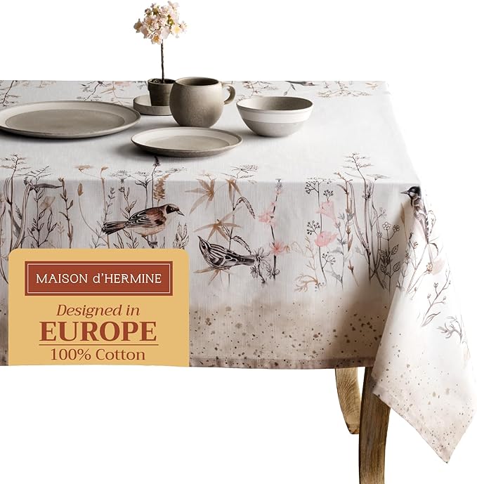 Maison d' Hermine Table Cloth Rectangle Table 100% Cotton 70 x 108 Inches Tablecloth Reusable Decorative for Dining Room Farmhouse Home Valentines Day Decorations Spring Summer- Meadow Florals - Brown