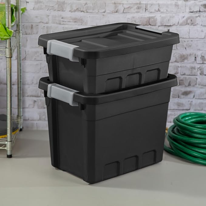 Sterilite 18-Pack Plastic Storage Bins with Lids, Stackable Containers, 7.5 Gallon, Black