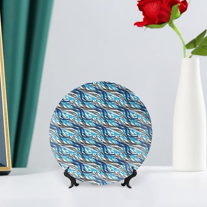 Decorative Plates, Abstract Print Ornament, Modern Art Stripes Swirls Waves Trippy, 8 Inch, Kitchen Wall Decor, Grey Blue White