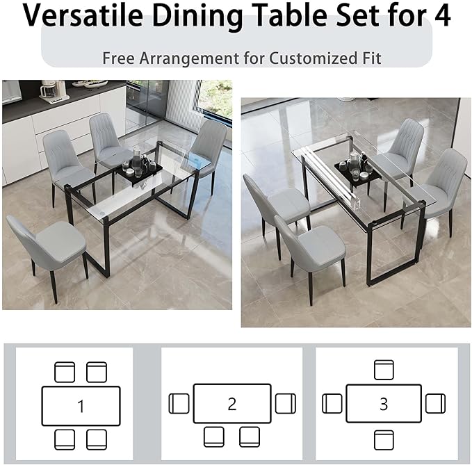 Modern Glass Dining Table Set for 4, Rectangular Kitchen Table Set, 5 Piece Dining Table Set with 1 Tempered Glass Table and 4 PU Dining Chairs for Dining Room, Kitchen,Office