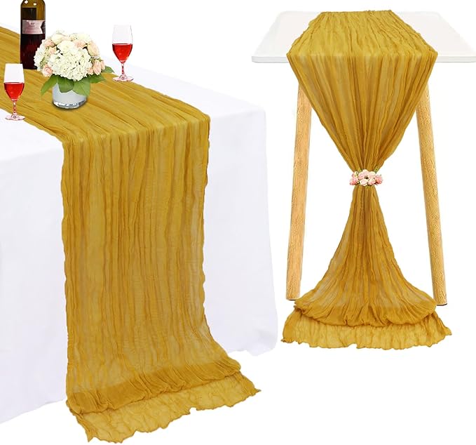 FUHSY 10 Pack 10FT Cheesecloth Table Runner Gold Gauze Fabric 35x120 Inches Farmhouse Linen Table Runner Cheese Cloths Runners for Tables Romantic Rustic Gazue Cheese Cloth Boho Decor for Wedding