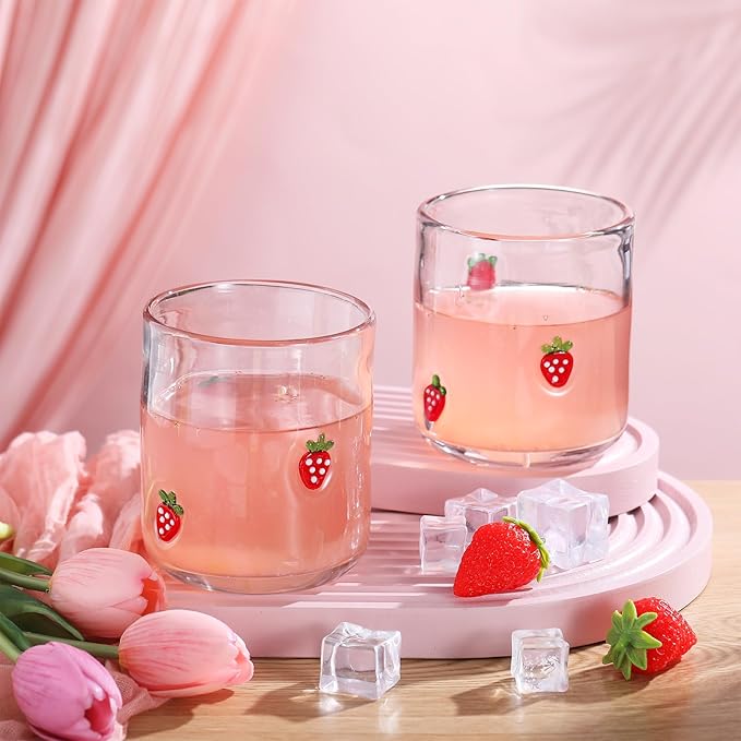 Icon Juice Glasses, 14oz Stemless Wine Drinking Juice Glass Cup for Valentine Party Supplies Gift(2 Pcs,Strawberry)