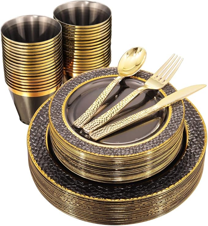 Nervure 150PCS Clear Black Plastic Plates - Gold Party Plates - Black and Gold Dinnerware Set Include: 50 Plate, 25Cups, 25Forks, 25Knives, 25Spoons for New Year & Party & Halloween