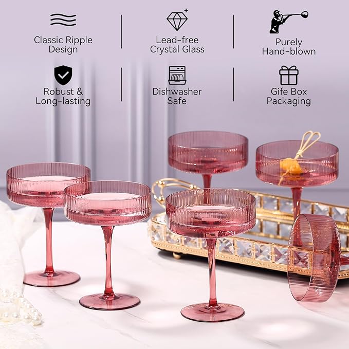 9 oz rose red Vintage Art Deco Coupe Glasses Set of 6 Ribbed martini Glasses |Vintage Cocktail Glasses Set,Unique Colored Coupe Glass