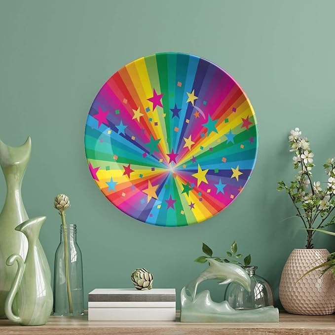 Ceramic Plates, Abstract Decor Decorative Ceramic Plates, Abstract Rainbow and Stars Confetti Rays Striped, 6 Inch, for Dining, Parties, Wedding, Multy