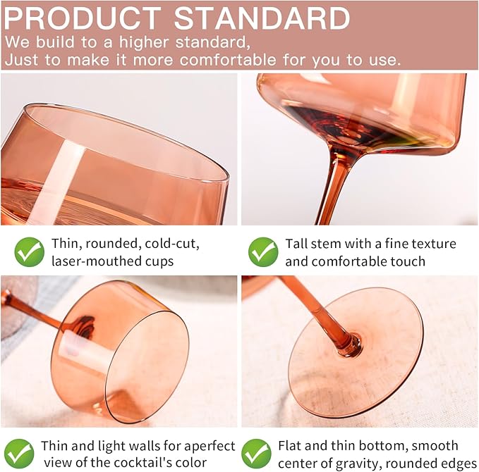 Brown Coupe glasses Set of 6-13 oz Large Capacity Martini Glassware - Amber Colored Cocktail Glasses- 【Hand-Blown】 Colored Champagne Glass-Valentine's Day,Wedding Gifts