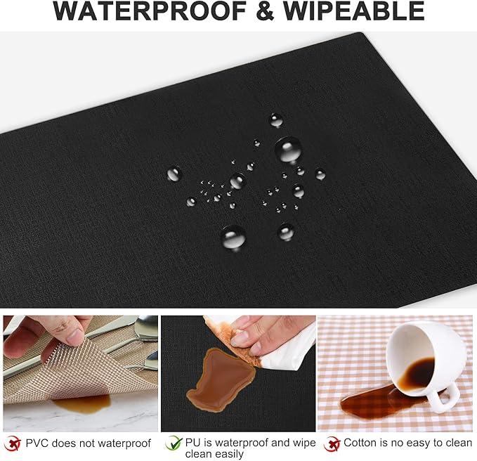 Leather Heat Resistant Placemats Set of 6 Waterproof Wipeable Washable PU Table Mats,Easy to Clean Anti-Slip Place Mats (Black, 6)
