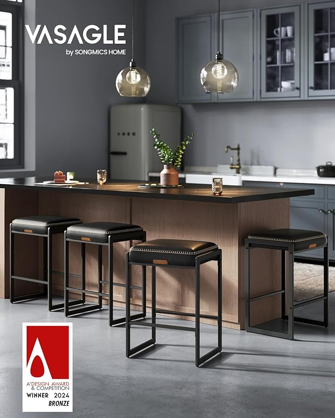 VASAGLE EKHO Collection - Bar Stools Set of 4, Counter Height Bar Stools, Synthetic Leather with Stitching, Mid-Century Modern Counter Stools, 26-Inch Tall, Kichen Home Bar Dining Room, Ink Black