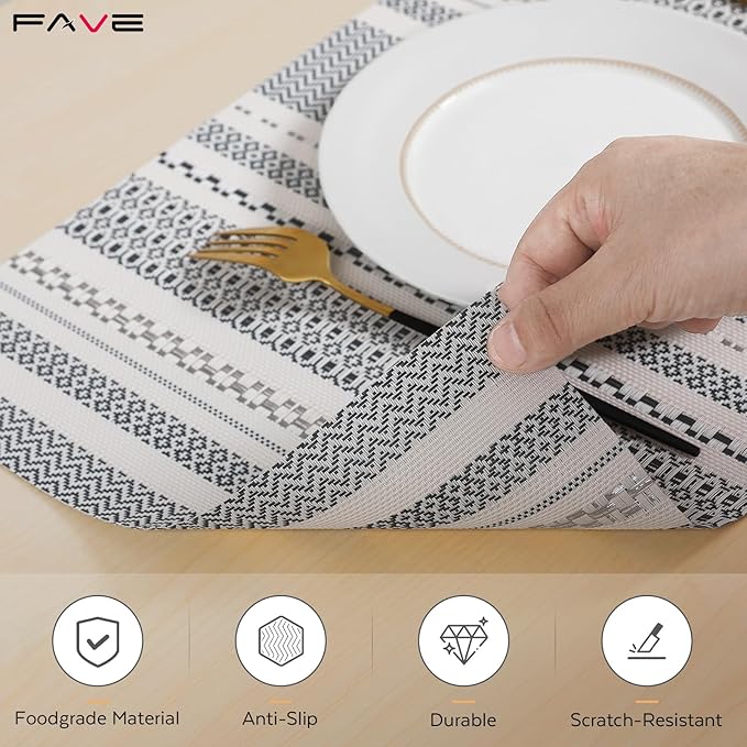 FAVE Boho Vinyl Placemats Set of 4, Durable Woven Place Mats Washable Heat Resistant PVC Table Mats for Parties,Weddings, Dining,Banquet(Gray, 4PCS)