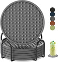 Coasters for Drinks 6 Pack Drinking Coasters with Holder,Heat Resistant Silicone Cup Mat Tabletop Protection,Non-Slip Rubber Coaster for Kinds of Cups (Grey)