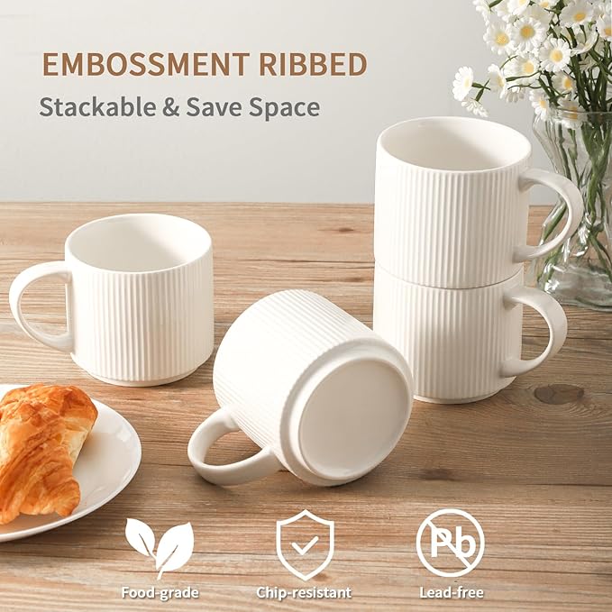 HASENSE 15oz Coffee mugs Set of 4,Stackable Ceramic Coffee Mug with Rack,Porcelain Coffee Cups for Latte,Cocoa, Americano, Hot Tea and Milk,Vertical Striped,White