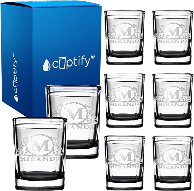 Personalized Square Shot Glasses Set of 8 Black Bottom 2oz Engraved Initial and Name Custom Gifts, Weddings, Birthdays, Party, Event, Decorations