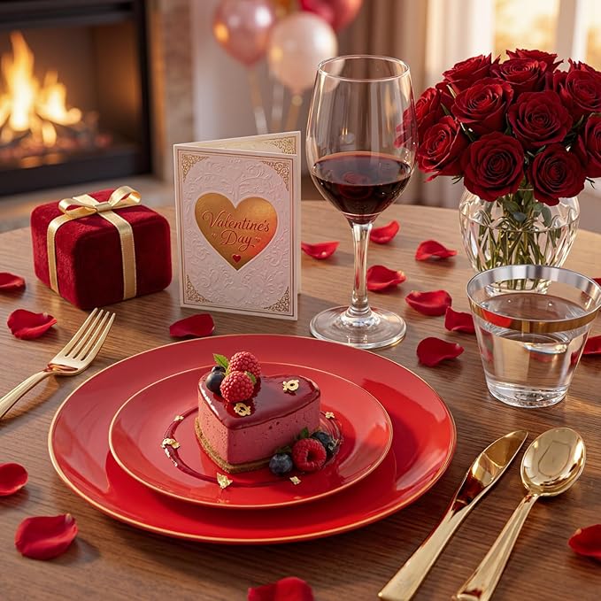 WDF 300Pcs Red Disposable Plates - Red Plastic Plates - 50guest Disposable Dinnerware Include 50 Dinner Plate, 50 Dessert Plate, 150 Cutlery & 50 9oz Cups for Valentine's Day & Parties