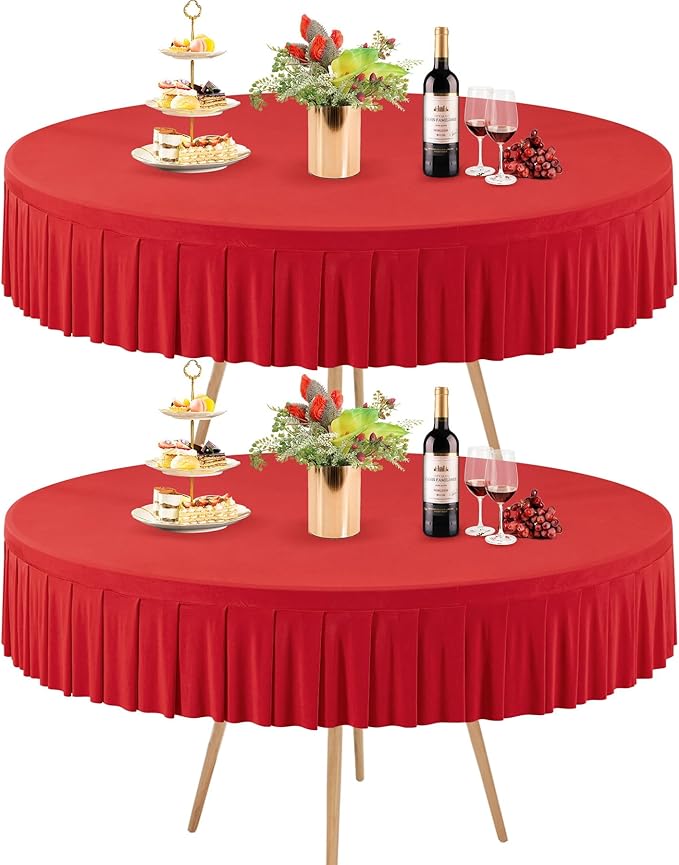 2 Pack Red Spandex Round Tablecloths for 72in Table, Stretchy Fitted 6FT Round Table Cloths, Wrinkle Free Table Cover with Skirt for Wedding Birthday Party Bridal Shower Banquet