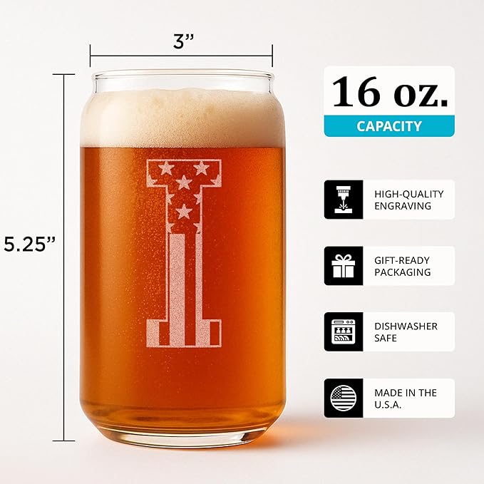 Monogram Beer Glasses for Men (A-Z) 16 oz - Beer Gifts for Men Brother Son Dad Neighbor - Unique Gifts for Him - Personalized Drinking Gift Beer Glass Mugs - Engraved Beer Can Glass (I)