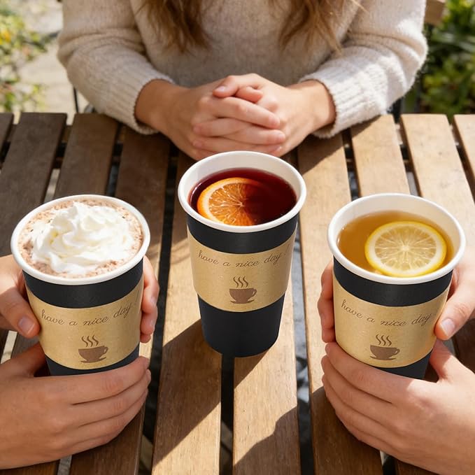 50 Pack 20 oz Disposable Coffee Cups with Lids, Paper Hot Coffee Cups with Sleeve and Straw, To Go Cups for Home, Office and Party (Black 20oz)