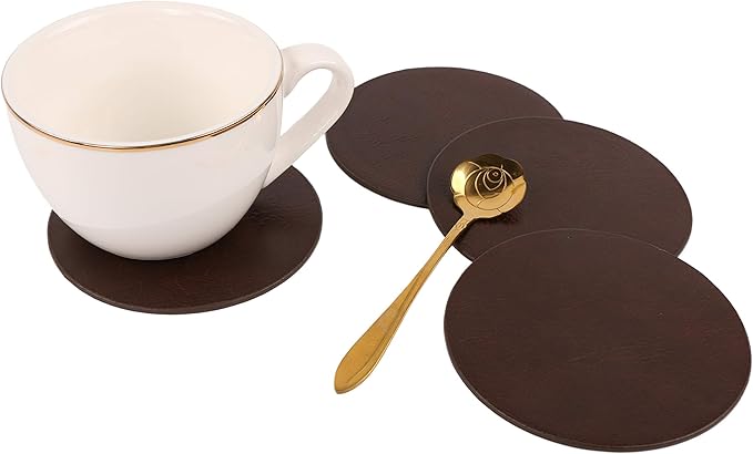 Set of 6 Embossed PU Leather Placemats, Waterproof Coffee Coasters, Kitchen Table Mats, Easy to Wipe Off for Dining Round Table