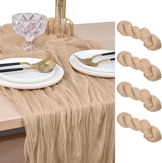 Joanlody Champagne Cheesecloth Table Runner Spring Easter 10Ft Rustic Gauze Boho Cheese Cloth Table Runner for Wedding Bridal Baby Shower Decoration 4 Pack