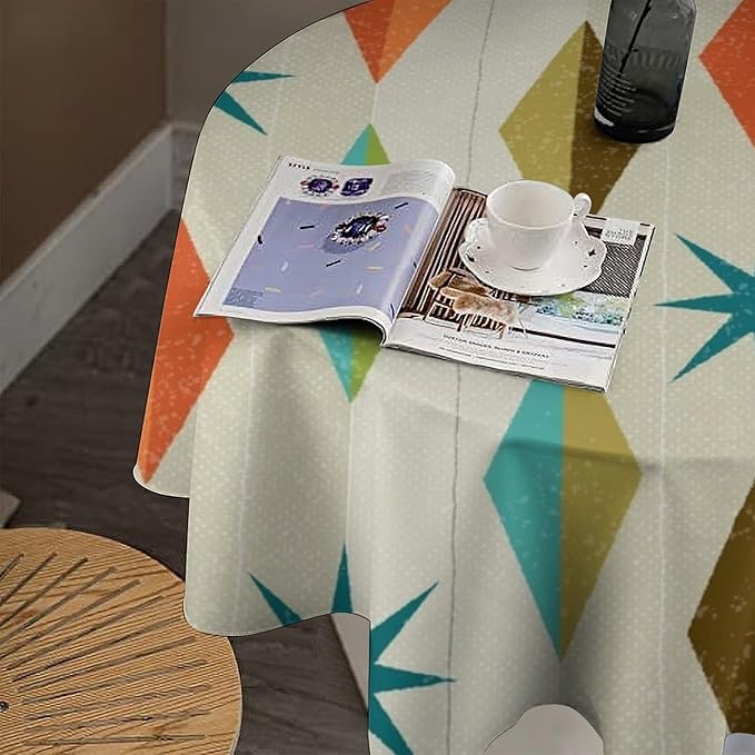 Mid Century Round Tablecloth, Modern Colorful Abstract Geometric Retro Art Printed Tablecloth for Home Party Dining Room Kitchen Decor 36Inch(90cm)