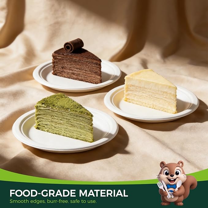 100% Compostable 7 inch Paper Plates, [125-Pack] Disposable Dessert Plates, (BPI Certified)-Heavy Duty, Eco-Friendly Small Paper Plates, Biodegradable Sugarcane Plates, white